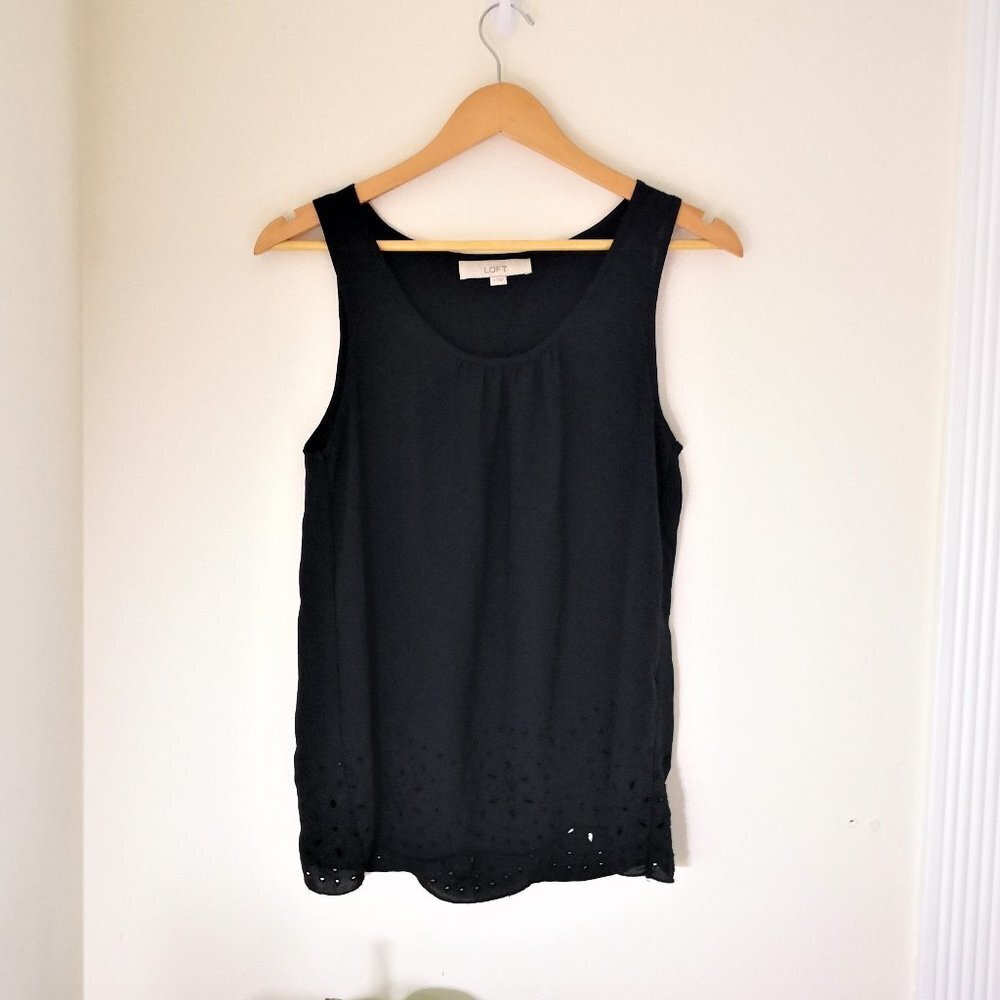 LOFT Tank Top Black Eyelet Hem Size S